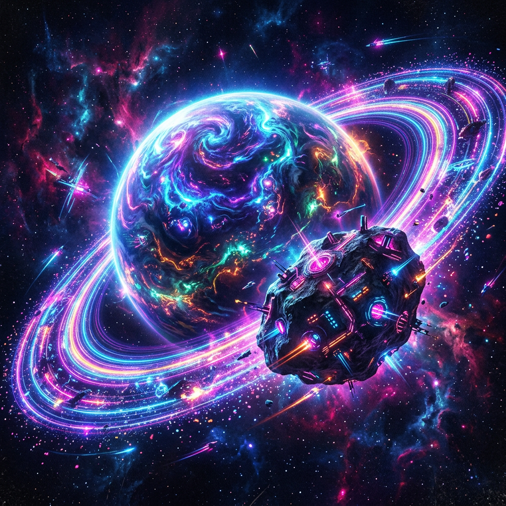 A neon-glowing planet with swirling colorful rings and a futuristic technology-enhanced asteroid